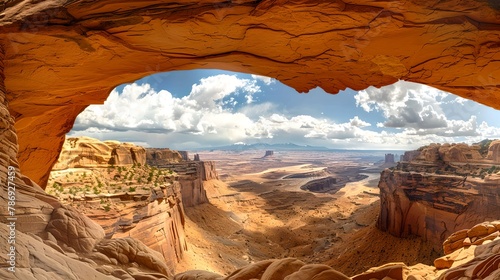 Breathtaking canyon vista seen through a natural arch, vibrant landscape photography, ideal for travel and nature themes. AI