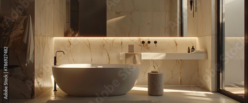 A stylish bathroom with marble walls and a freestanding bathtub  accented by matte black fixtures.