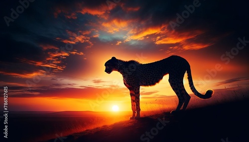 An image of the silhouette of a cheetah against the setting sun on the savannah.