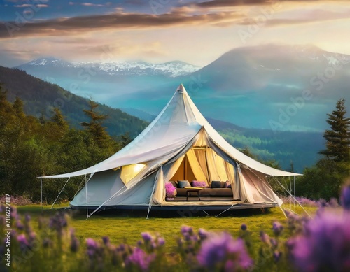 tent on the hill, mountain landscape with luxurious glamping tents nestled among lush greenery, offering a glamorous outdoor retreat in the heart of nature.