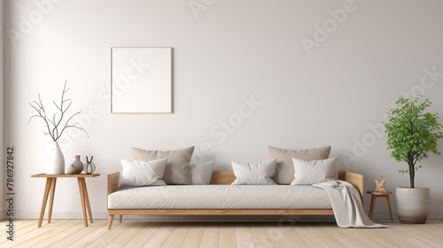 A tranquil Scandinavian living room adorned with a comfortable sofa and minimalist coffee table, with an empty wall providing a blank canvas for creative expression or gallery-style displays.