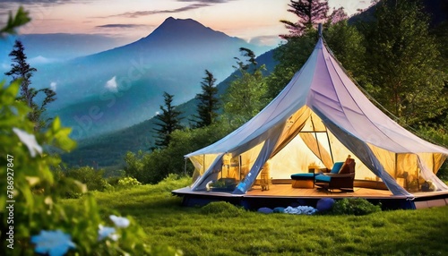 tent on the lake, mountain landscape with luxurious glamping tents nestled among lush greenery, offering a glamorous outdoor retreat in the heart of nature. photo