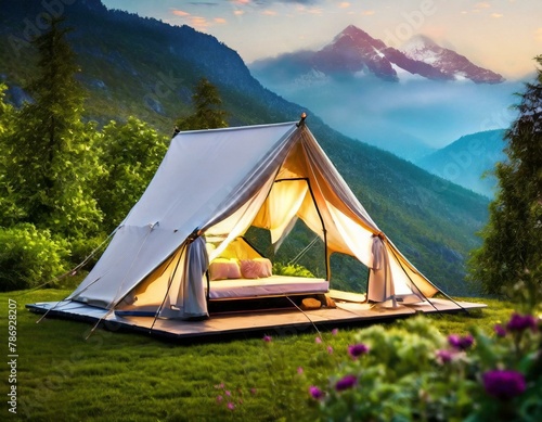 mountain landscape with luxurious glamping tents nestled among lush greenery  offering a glamorous outdoor retreat in the heart of nature  tent in the forest