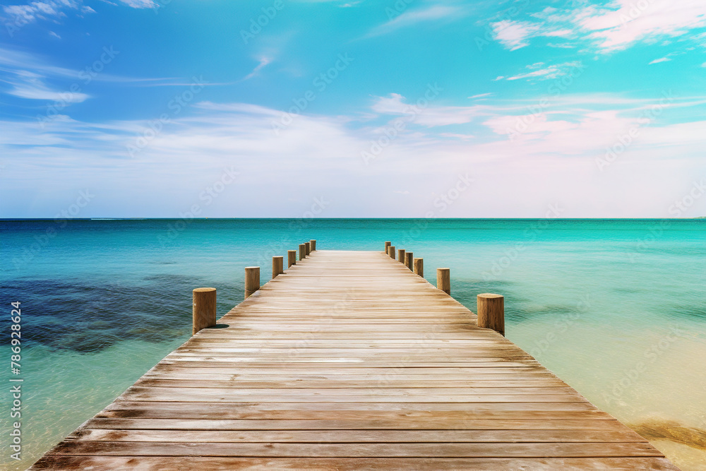 Wooden pier over the clean blue sea or ocean on sunny summer day