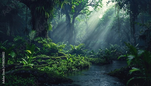 Atmospheric Jungle Photograph with Running Stream and Tropical Plants. Lush Natural Environment.