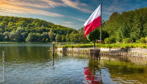 The Flag of Poland Among the Lake.