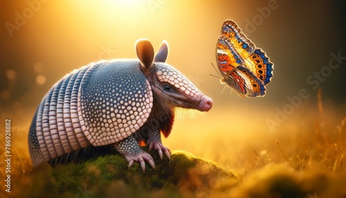 A close-up of an armadillo with a detailed textured shell interacting with a vibrant butterfly that has landed gently on its snout.