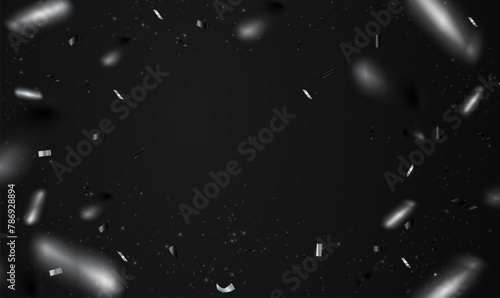 Silver confetti flying on transparent background with glitter particles for celebration party, Christmas, New Year, Carnival festivity, Valentine’s Day, Holiday, birthday, festive event. Vector EPS10.