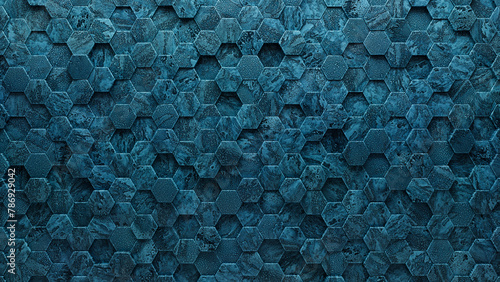 Polished Tiles arranged to create a 3D wall. Blue Patina, Textured Background formed from Hexagonal blocks. 3D Render