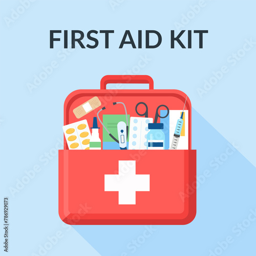 Open Red First Aid Kit. Vector illustration of Doctor Suitcase with Medical Supplies. Vector Illustration