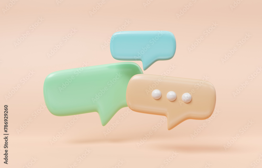 Fototapeta premium Minimalist blue green and yellow speech bubbles talk icons floating over orange background. Modern conversation or social media messages with shadow. 3D rendering