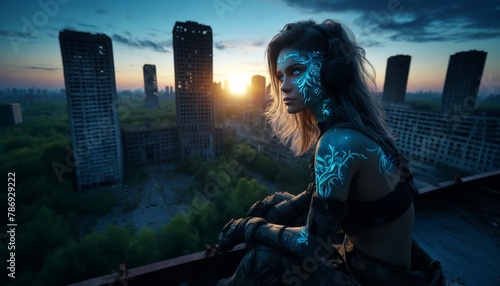 A post-apocalyptic warrior with luminous war paint sitting atop a derelict skyscraper at dusk.