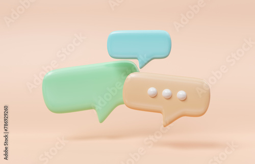 Minimalist blue green and yellow speech bubbles talk icons floating over orange background. Modern conversation or social media messages with shadow. 3D rendering