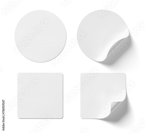 Sticker mockup with curled corner isolated on white background. Circular and squared adhesive label with bent side. 3D rendering