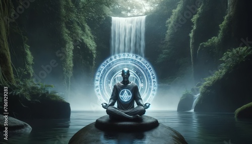 A futuristic monk in deep meditation beside a waterfall, with holographic symbols floating around. photo