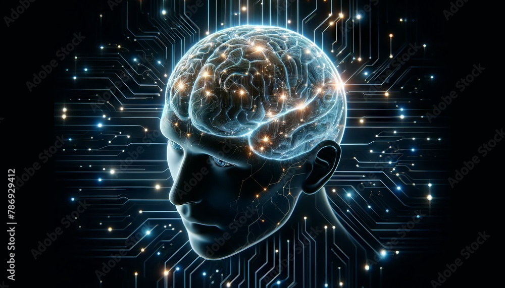 A close-up on a cybernetic brain interfaced with glowing circuitry, highlighting the melding of technology and intelligence. A close-up on a cybernetic brain interfaced with glowing circuitry, highlighting the melding of technology and intelligence.