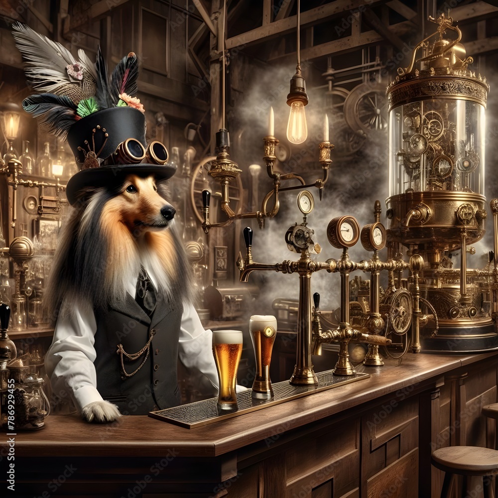 Photorealistic STEAMPUNK Sheltie pulling a pint behind the bar.
