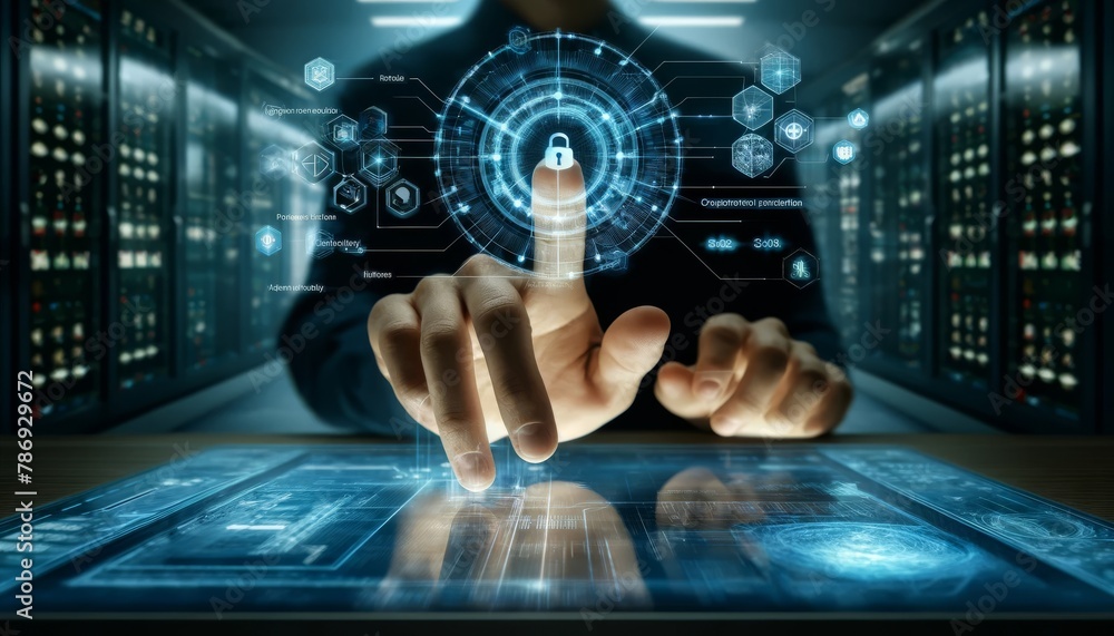 An image depicting a person’s hand touching a digital interface with multiple layers of firewalls and security measures. An image depicting a person’s hand touching a digital interface with multiple layers of firewalls and security measures.