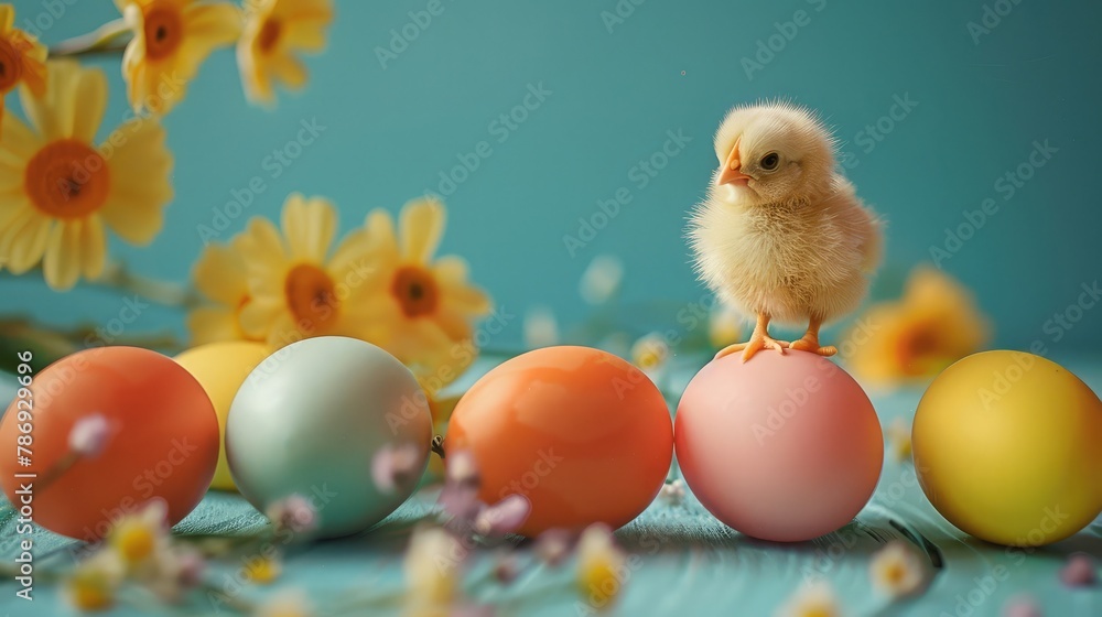 Charming Easter Decor: A Delightful Row of Small Decorative Chickens and Eggs