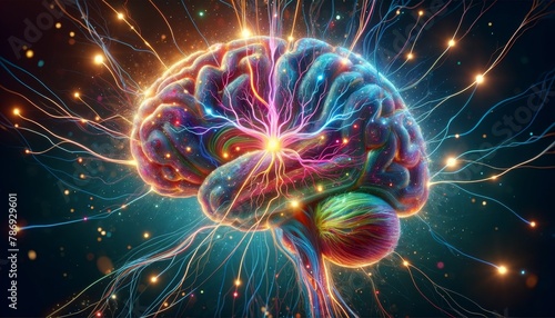 A hyper-detailed and vibrant cross-section of the human brain with highlighted neural pathways and sparking synapses.