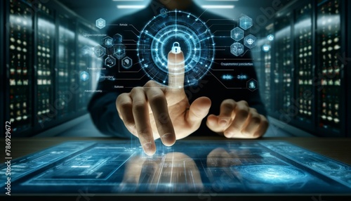 An image depicting a person’s hand touching a digital interface with multiple layers of firewalls and security measures. © FantasyLand86
