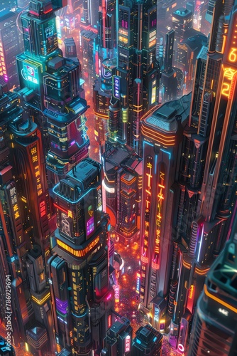 Capture the intricate details of a bustling futuristic cityscape from a birds-eye view using vivid colors and geometric shapes in a digital photorealistic rendering,