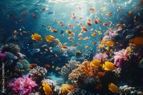 A bustling underwater coral reef ecosystem teeming with colorful tropical fish  showcasing the biodiversity of marine life..