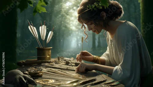 Artemis is shown in close-up, her hands meticulously crafting her own arrows, with focus and precision. photo