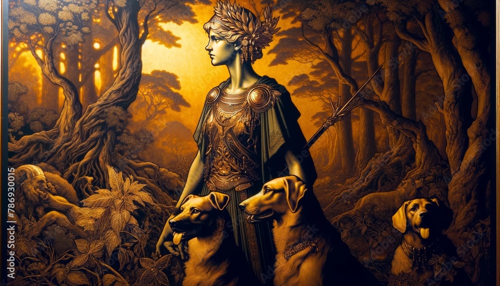 A close-up image of Artemis in a forest at dusk, with the details of her hunting attire highlighted in gold.