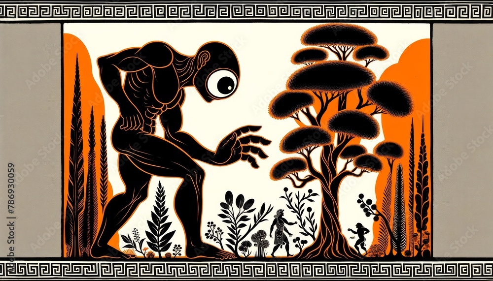 Fototapeta premium A giant cyclops wanders through an ancient Greek forest, captured in a black-figure pottery style.