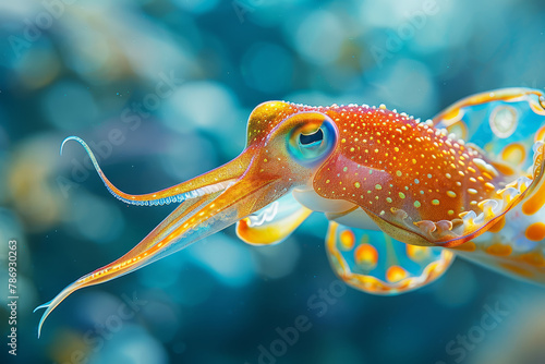 Close-up of a colorful squid floating effortlessly against a bokeh blue ocean background, showcasing marine beauty.. © bajita111122