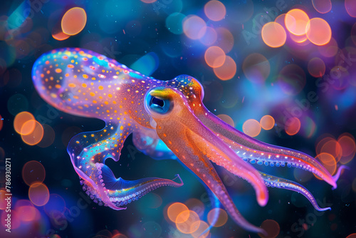 Close-up of a colorful squid floating effortlessly against a bokeh blue ocean background, showcasing marine beauty..