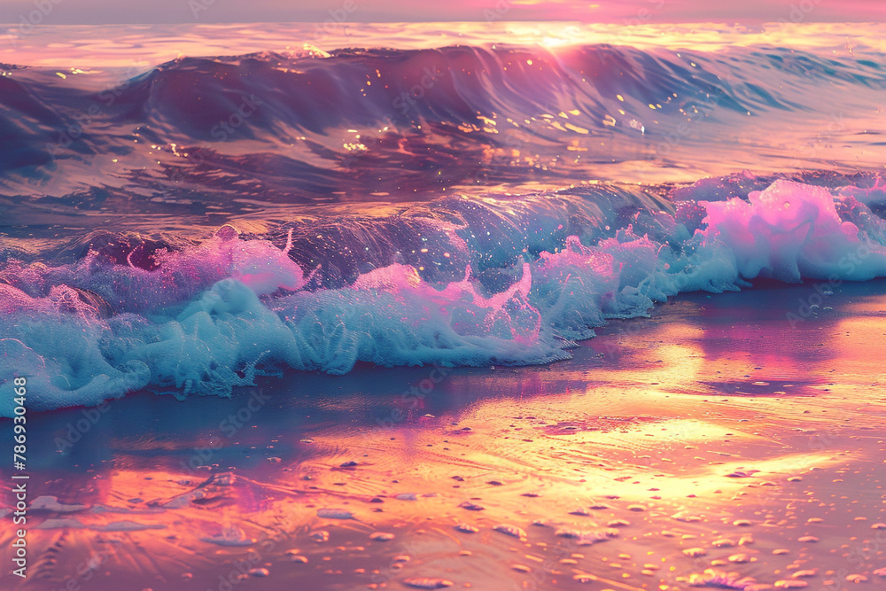 colorful vawe in sea at sunset