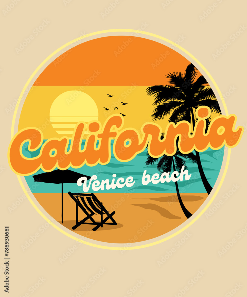 california venice beach t-shirt design. palm trees silhouette t shirt design. t-shirt design vector for print. california logo design vector illustration. quotes for t shirt, surf t-shirt design, 