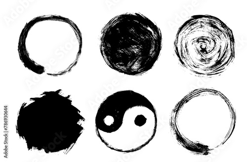 Enso black circle, yang yin symbol, vector grunge round shape. Hand drawn taoism icon