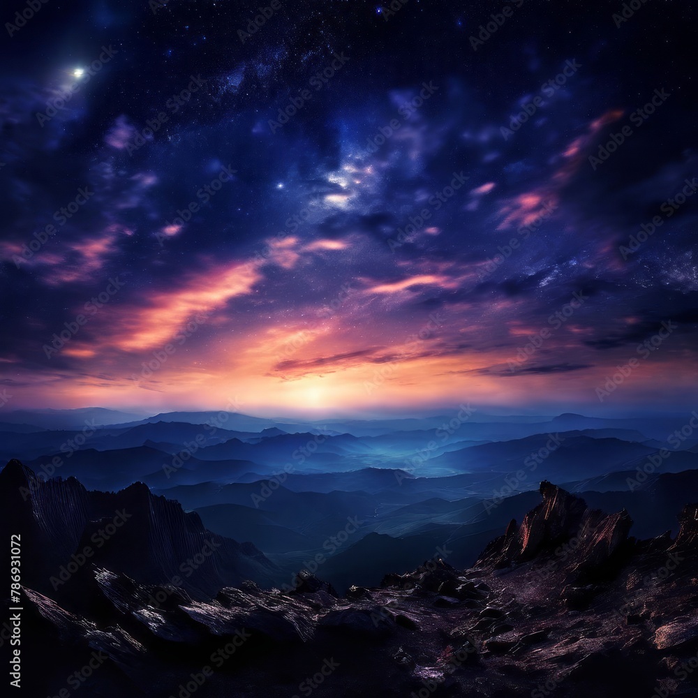 Night sky expansive and star studded from summit of a rugged mountain milky way streaking across