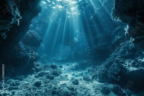 an underwater cave with sunlight streaming through the water photo