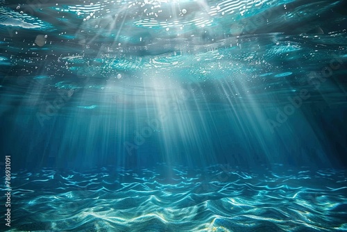 an underwater view of a blue ocean with sunlight streaming through the water photo