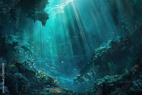 a painting of a underwater scene with sunlight streaming through the water photo