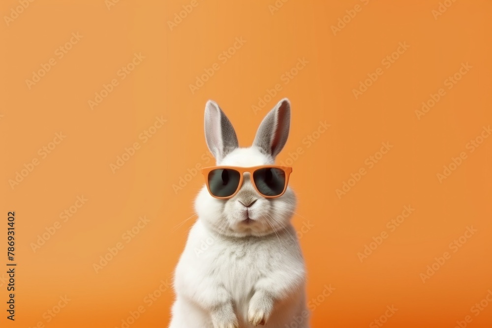 funny rabbit bunny with sunglasses, studio lighting, orange peach background. 