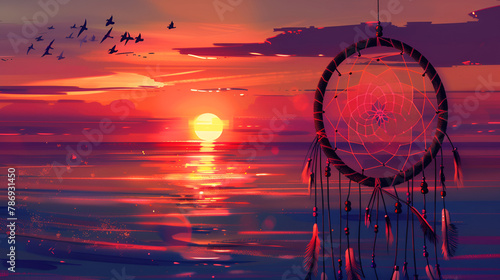 Dreamcatcher at Sunset, dream catchers hanging on beach at sunset, ocean on background, Dream catcher with feathers threads and beads rope hanging