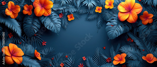 a many orange flowers and leaves on a dark background