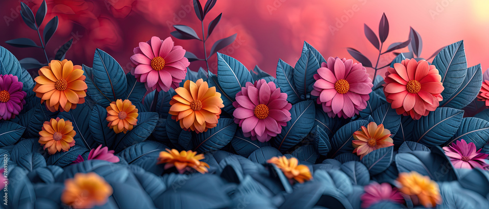 brightly colored flowers are in a field with green leaves brightly colored flowers are in a field with green leaves