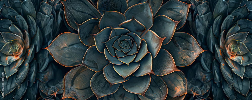 Fototapeta premium A modern and minimalist perspective captures a symmetrical succulent garden from above, highlighting the geometric patterns and textures of the plants illuminated by gentle overhead lighting.