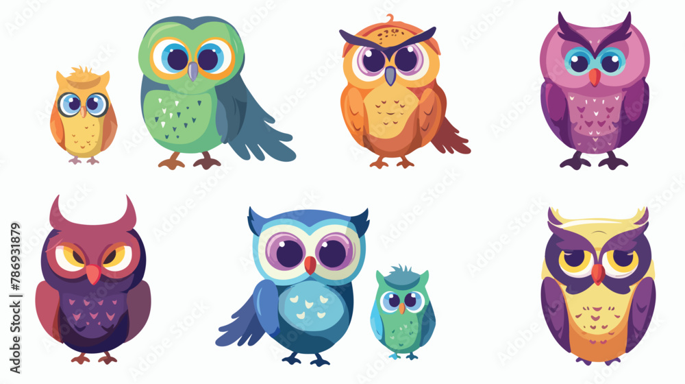 Cute and cartoon owls with various emotions Vector illustration