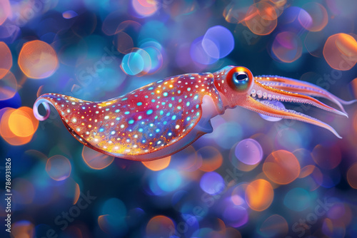 Close-up of a colorful squid floating effortlessly against a bokeh blue ocean background, showcasing marine beauty.. © bajita111122