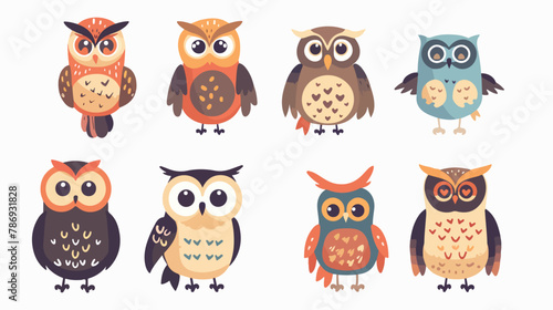 Cute and cartoon owls with various emotions flat vector