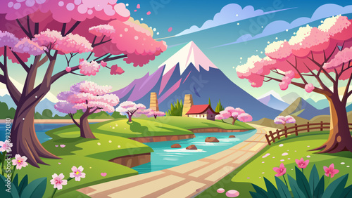  cherry-blossom-in-the-spring-season-landscape-vector background illustration  © Jutish