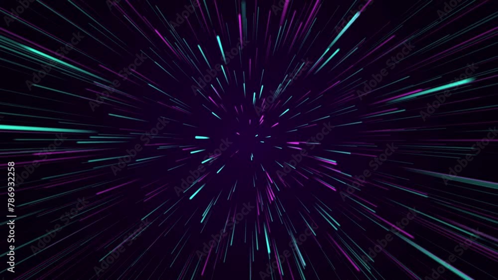 Neon vibrant colorful 3d abstract background. Speed of light, neon glowing rays in motion. Neon lines red, yellow, pink and purple colors changing on a black background.