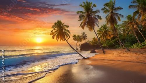  a serene sunset scene on a sandy beach  complete with gently swaying palm trees and the sound of waves crashing in the distance